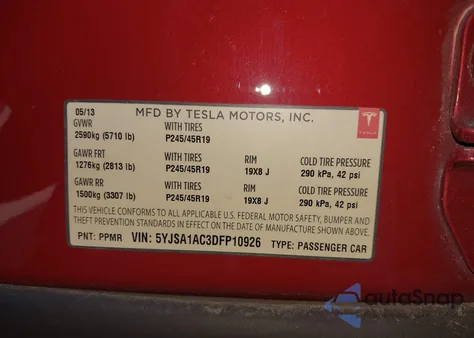 2013 Tesla Model S из США, поврежденный, VIN 5YJSA1AC3DFP10926